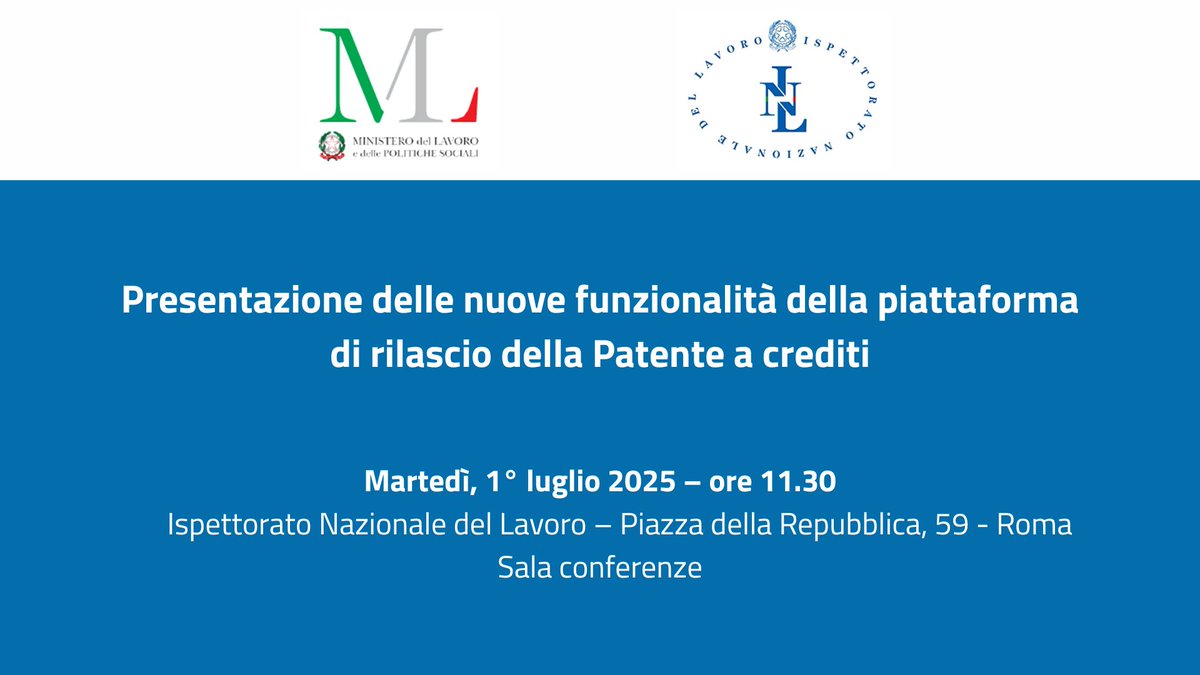 Ministero Lavoro (@minlavoro) on Twitter photo Patente a crediti - Dalla Sala Conferenze del' <a href="/INL_gov/">ISPETTORATO NAZIONALE LAVORO</a>, a breve l'evento di presentazione delle nuove funzionalità della piattaforma.
🔴 Diretta streaming dalle ore 11:30 qui👉🏻 youtube.com/live/-YIycBIqW… Patente a crediti - Dalla Sala Conferenze del' <a href="/INL_gov/">ISPETTORATO NAZIONALE LAVORO</a>, a breve l'evento di presentazione delle nuove funzionalità della piattaforma.
🔴 Diretta streaming dalle ore 11:30 qui👉🏻 youtube.com/live/-YIycBIqW…