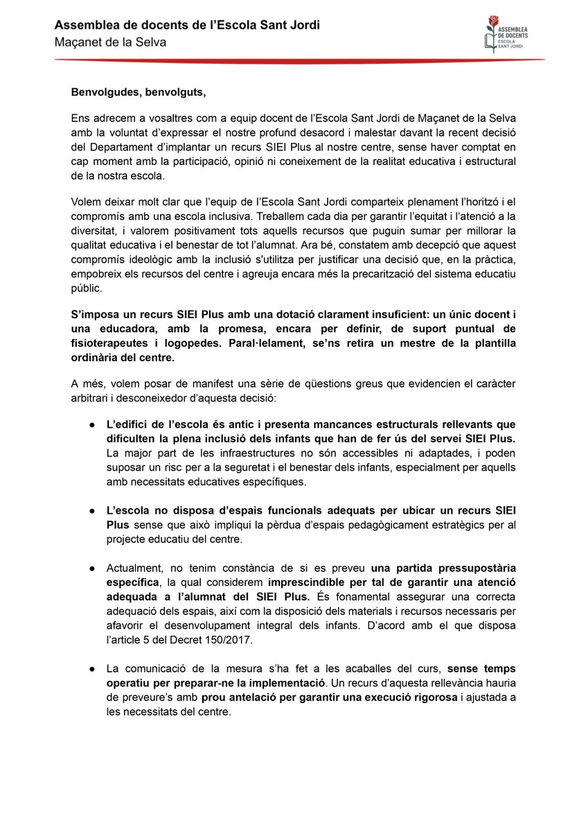 adocentsstjordi's tweet photo. 📢 Davant la imposició d’un recurs SIEI Plus (Suport Intensiu per a l’Escolarització Inclusiva), sense diàleg ni recursos, com a claustre diem prou.

📄 Llegiu aquí la nostra carta oberta al Departament d’Educació ⬇️
#EscolaPública #InclusióReal #SIEIplus https://t.co/Z4GUa6fs9L