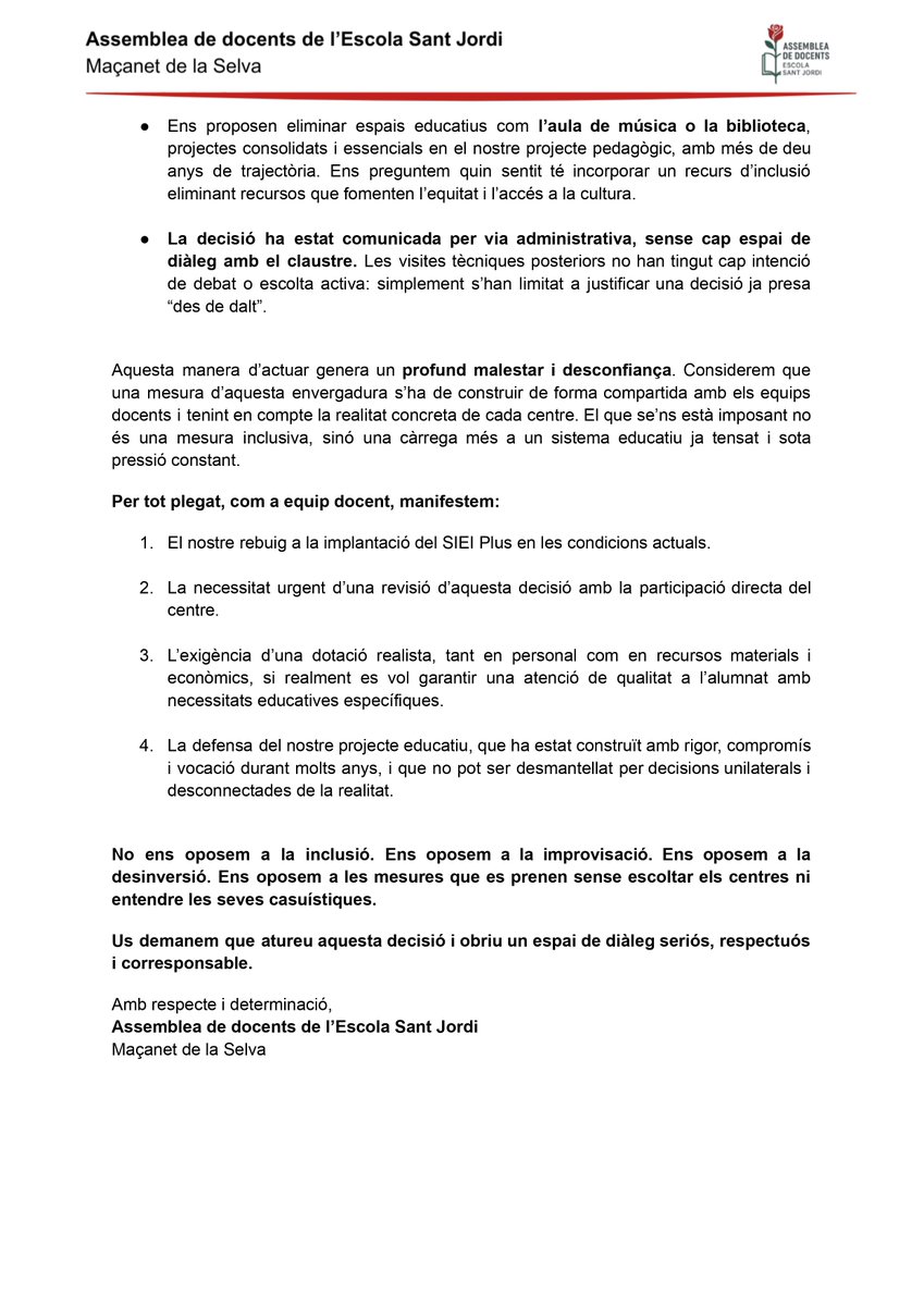 adocentsstjordi's tweet photo. 📢 Davant la imposició d’un recurs SIEI Plus (Suport Intensiu per a l’Escolarització Inclusiva), sense diàleg ni recursos, com a claustre diem prou.

📄 Llegiu aquí la nostra carta oberta al Departament d’Educació ⬇️
#EscolaPública #InclusióReal #SIEIplus https://t.co/Z4GUa6fs9L
