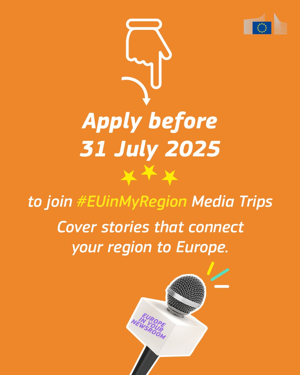 📣 Journalists, this is for you!

Join #EUinMyRegion Media Trip for a 2-day training trip to Brussels to learn how the EU benefits your region and city.

📅Deadline: 31 July 2025!

👇Apply now to join the next study trip: ec.europa.eu/regional_polic…