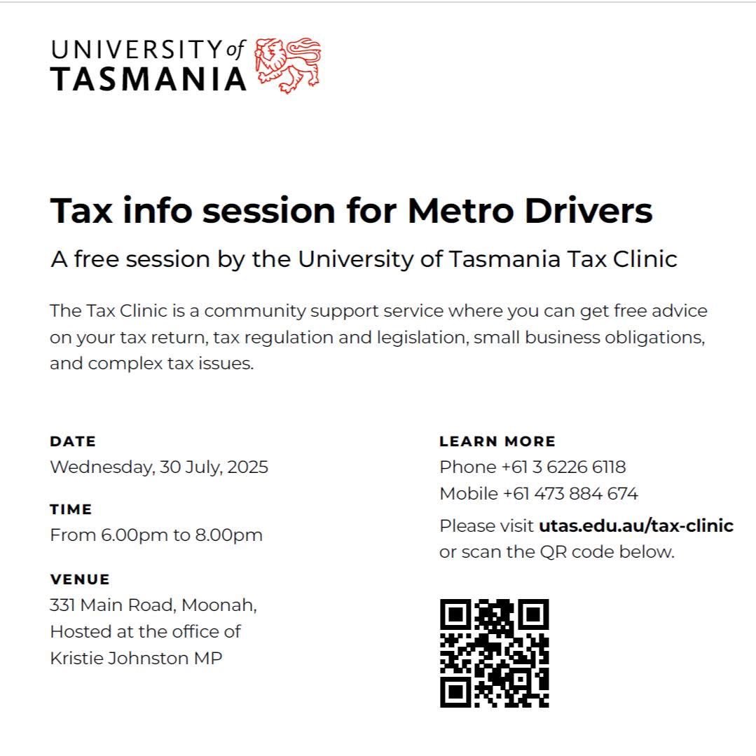 THANKS DRIVER 🚍 My public transport promise and pledge to Metro drivers at the link below. And no matter what I will still be hosting a previously advertised free tax information session for @MetroTasmania drivers on 30 July. @RTBU Tasmania #politas 

kristiejohnston.com.au/2025/07/01/my-…
