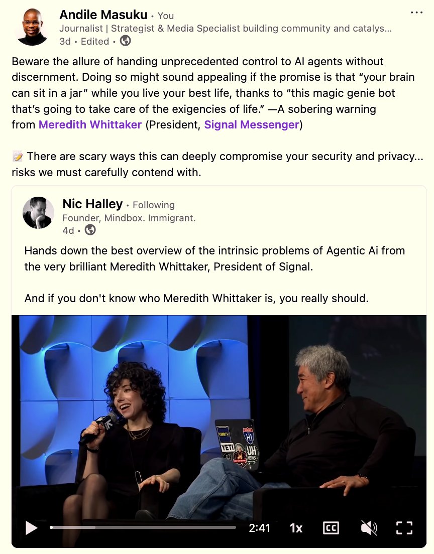 africanroundup's tweet image. 1/3 🤖 @MasukuAndile recently reposted insights on LinkedIn from @mer__edith&apos;s @sxsw warning about AI agents.   

This week&apos;s #TechTidesTuesday op-ed expands on those concerns - examining how AI&apos;s impressive efficiency gains might mask deeper privacy and autonomy trade-offs.