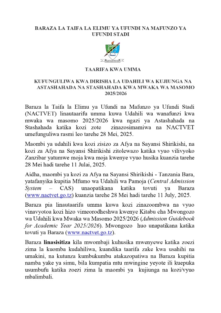 nactvetZ's tweet photo. DIRISHAA LA UDAHILI KWA NGAZI YA ASTASHAHADA NA STASHAHADA 2025/2026 LIMEFUNGULIWA RASMI @Elimutz https://t.co/fm8n3Xncqh