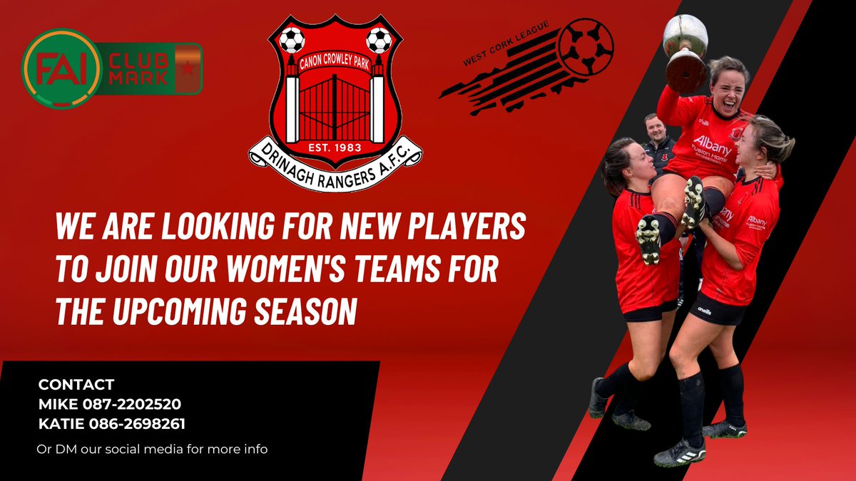 🔴⚫️🔴⚫️ We are always on the lookout for new players here at Drinagh Rangers Women, the past few season's have been very successful for us and we would like to keep the trend going.
Or if you would like to attend our training sessions just to keep fit for the season ahead.