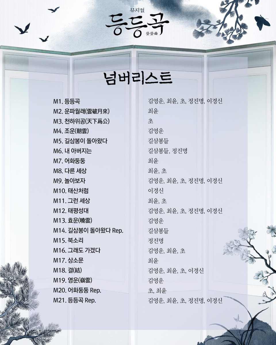 🎭뮤지컬 #등등곡

🎶넘버 리스트 공개

♪ ⎝㋡⎠⎝㋡⎠⎝㋡⎠⎝㋡⎠⎝㋡⎠ ♪

𝘔𝘜𝘚𝘐𝘊𝘈𝘓 등등곡
𝟤𝟢𝟤𝟧.𝟨.𝟤𝟦-𝟫.𝟣𝟦 @ʏᴇꜱ𝟤𝟦ꜱᴛᴀɢᴇ𝟣