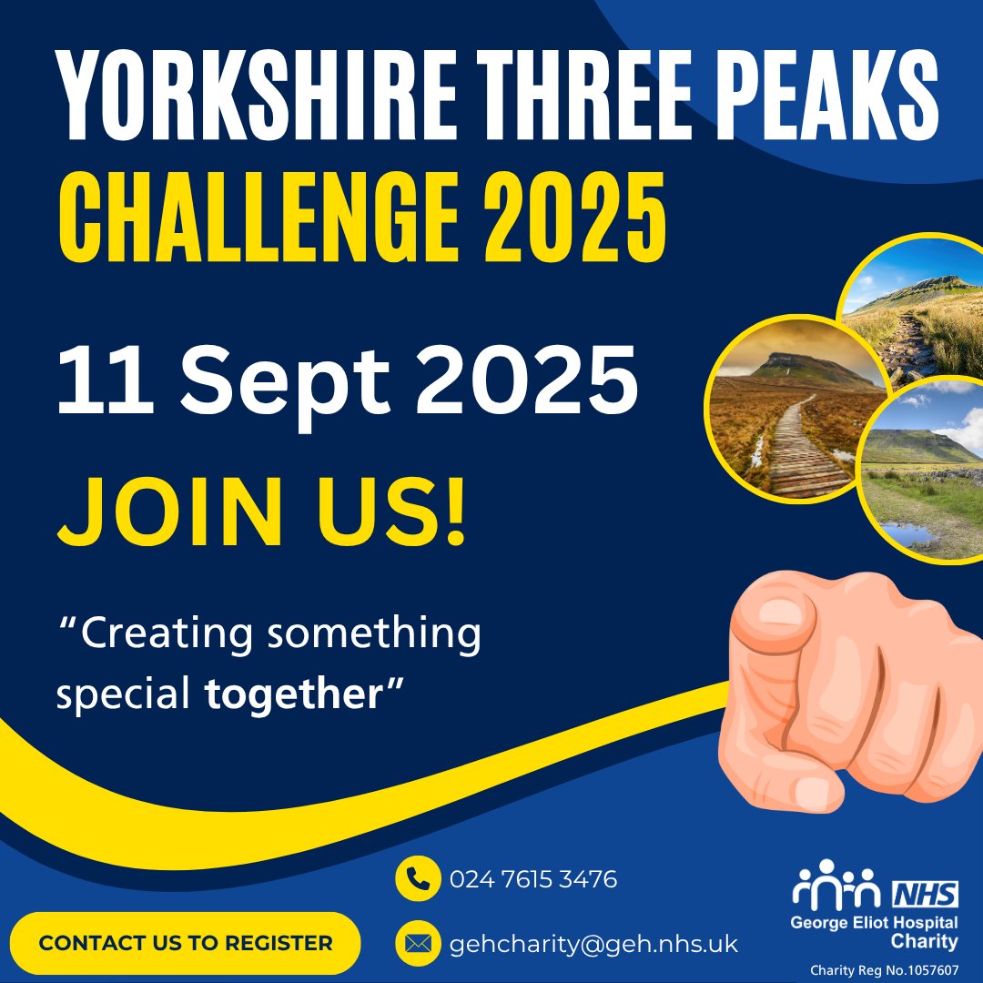 🏔️ Take on the Yorkshire Three Peaks Challenge for George Eliot Hospital Charity! 💙

Looking for your next big adventure and a way to support a local cause? Join us on Thursday 11th September 2025 for an unforgettable trek across the stunning Yorkshire Three Peaks!

💷 Minimum