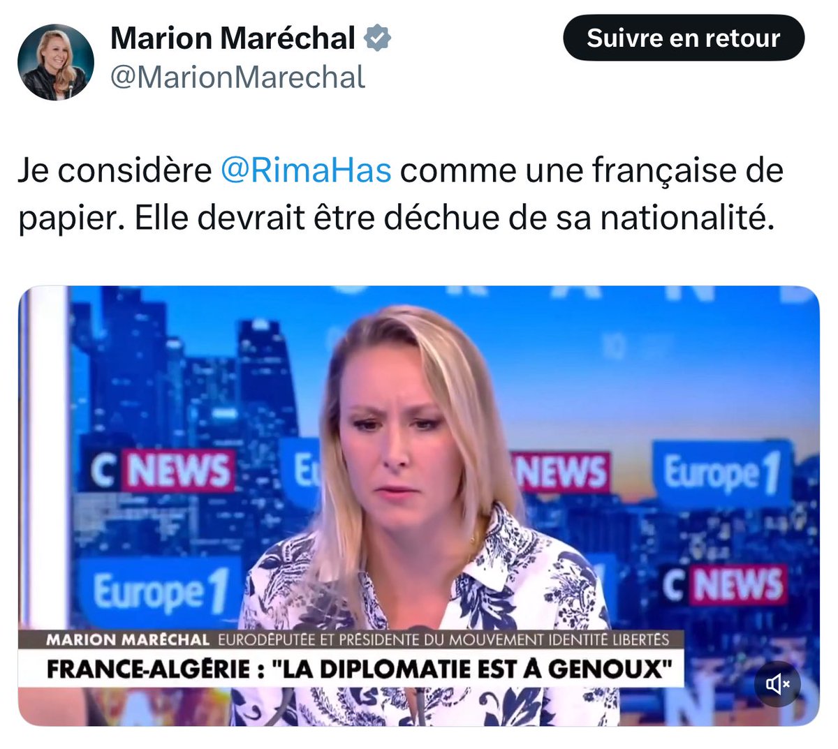 Rima Hassan (@rimahas) on Twitter photo Mme Lepen, Raciste digne héritière de l’OAS, de colonisateurs et de tortionnaires d’Algériens, mais par dessus tout et c’est ce qui saute d’abord aux yeux : profondément et infiniment inculte, ce n’est pas possible de me déchoir de ma nationalité <a href="/MarionMarechal/">Marion Maréchal</a>, puisque la Mme Lepen, Raciste digne héritière de l’OAS, de colonisateurs et de tortionnaires d’Algériens, mais par dessus tout et c’est ce qui saute d’abord aux yeux : profondément et infiniment inculte, ce n’est pas possible de me déchoir de ma nationalité <a href="/MarionMarechal/">Marion Maréchal</a>, puisque la