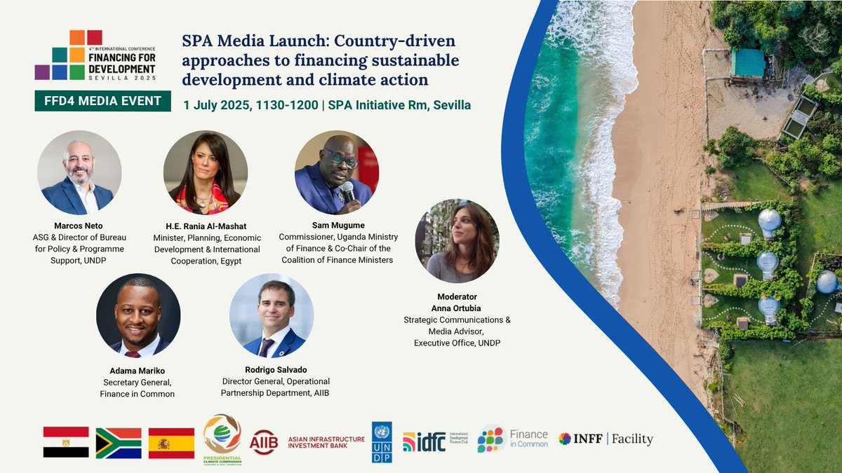 INFFfacility's tweet image. 📣 Happening soon - JOIN US ONLINE📺
🎤 #SevillaPlatform Press Conference⏐‘Country-driven approaches to financing sustainable development & climate action’ ➕ Global Financing Playbook
📅 1 July, 11h30-12h CET
📍 FIBES 1, Pavilion 2
📺 Livestream: webtv.un.org/en/asset/k1z/k…