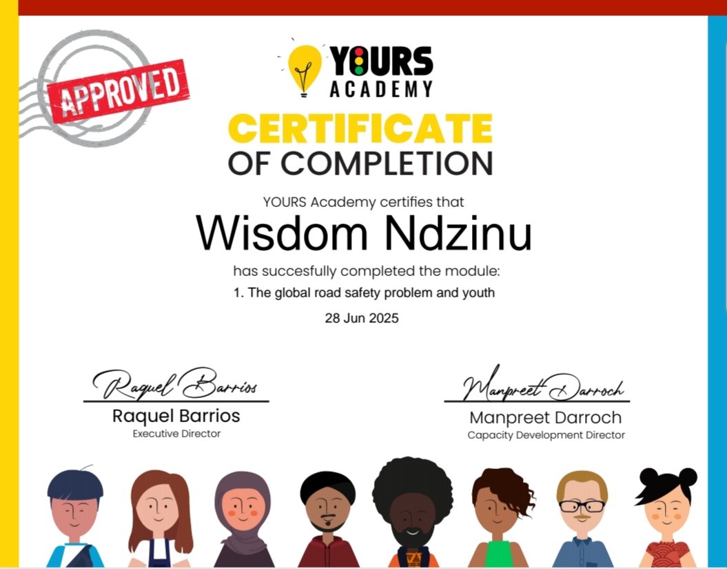 NdzinuWisdom's tweet photo. Equipping myself to contribute towards making the world a better place for humanity.
Thank you YOURS Academy for this great opportunity given me.

#TheWiseTouch 
#YOURSAcademy 
#GlobalYouthCoalitionForRoadSafety https://t.co/JOX4qTwneZ