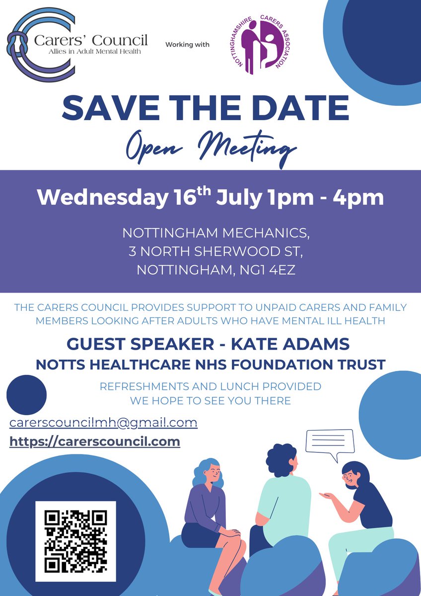 Nottinghamshire Carers Association (@nottscarers) on Twitter photo The Carers Council is a registered charity providing support to those people affected by mental ill health.
๐ Their next Open meeting is with Wed 16th July 1pm -4
๐ Nottingham Mechanics, 3 North Sherwood St, Nottingham, NG1 4EZ.
๐For more info
carerscouncilmh@gmail.com The Carers Council is a registered charity providing support to those people affected by mental ill health.
๐ Their next Open meeting is with Wed 16th July 1pm -4
๐ Nottingham Mechanics, 3 North Sherwood St, Nottingham, NG1 4EZ.
๐For more info
carerscouncilmh@gmail.com