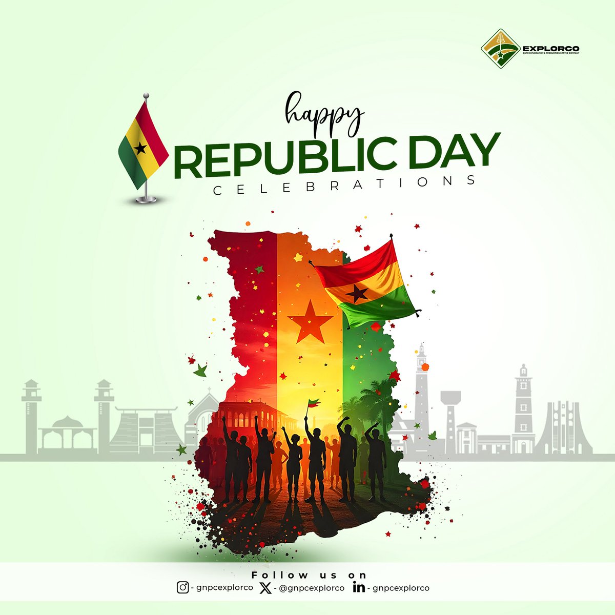 gnpcexplorco's tweet photo. Today, we celebrate the spirit of unity and resilience that defines our great nation. At Explorco, we're proud to be part of Ghana's journey towards progress and development. Happy Republic Day! 
#RepublicDay #Ghana #Explorco https://t.co/haa0ALJ6JJ