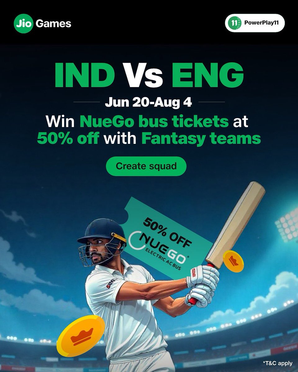 Participate in IND vs ENG NueGo contests (June 20 - July 31) on the JioGames app, PowerPlay11 section!

Select your winning fantasy XI and every great pick could drive you closer to 50% off NueGo bus tickets. 🎁

To create your team, click on the link - jiogames.page.link/WtmK