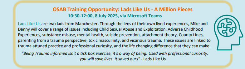 Safeguarding Oldham (@safeguardoldham) on Twitter photo With an aim to educate 1 million practitioners, next Tuesday, <a href="/Lads_Like_Us/">Lads Like Us</a> are delivering an online training session to Oldham practitioners.
Are you interested in learning from lived experience on a range of topics?
More information👇
osab.org.uk/post/?permalin… With an aim to educate 1 million practitioners, next Tuesday, <a href="/Lads_Like_Us/">Lads Like Us</a> are delivering an online training session to Oldham practitioners.
Are you interested in learning from lived experience on a range of topics?
More information👇
osab.org.uk/post/?permalin…