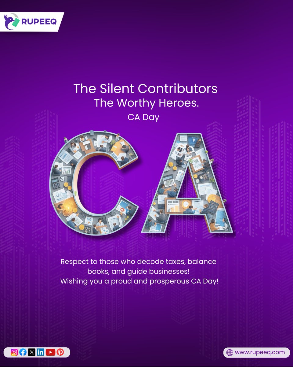 RupeeQ_'s tweet photo. 🧾 Not all heroes wear capes—some carry calculators.
Happy #CADay to the ones who make sense of every cent!
#Rupeeq #FinanceHeroes #CharteredAccountantsDay https://t.co/O5riyqpRNw