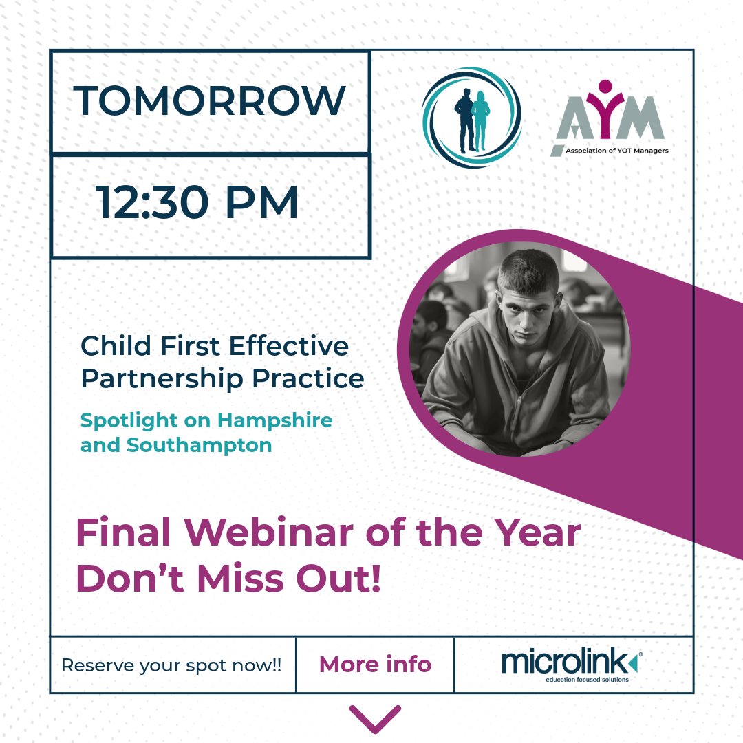 Microlink PC Education (@microlinke) on Twitter photo 📢 Don’t miss our final webinar of the year – TOMORROW at 12:30PM!
We’re celebrating the amazing work of #Hampshire & #Southampton in supporting young people and exploring highlight from #ChildFirst practice. 🎉
#SignUp for FREE tinyurl.com/3cvva885
<a href="/AssnYOTmanagers/">Assn of YOT Managers</a> 📢 Don’t miss our final webinar of the year – TOMORROW at 12:30PM!
We’re celebrating the amazing work of #Hampshire & #Southampton in supporting young people and exploring highlight from #ChildFirst practice. 🎉
#SignUp for FREE tinyurl.com/3cvva885
<a href="/AssnYOTmanagers/">Assn of YOT Managers</a>