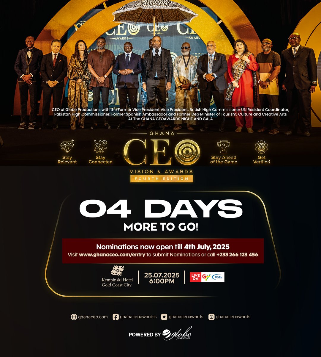 4 More Days To Go! Visit ghanaceo.com/entry/ to select a category that fits your leader for the 2025 Ghana CEO Awards. Nominations End On Friday, 4th July 2025. Call 0266123456 for more info. #GhanaCEOAwards25