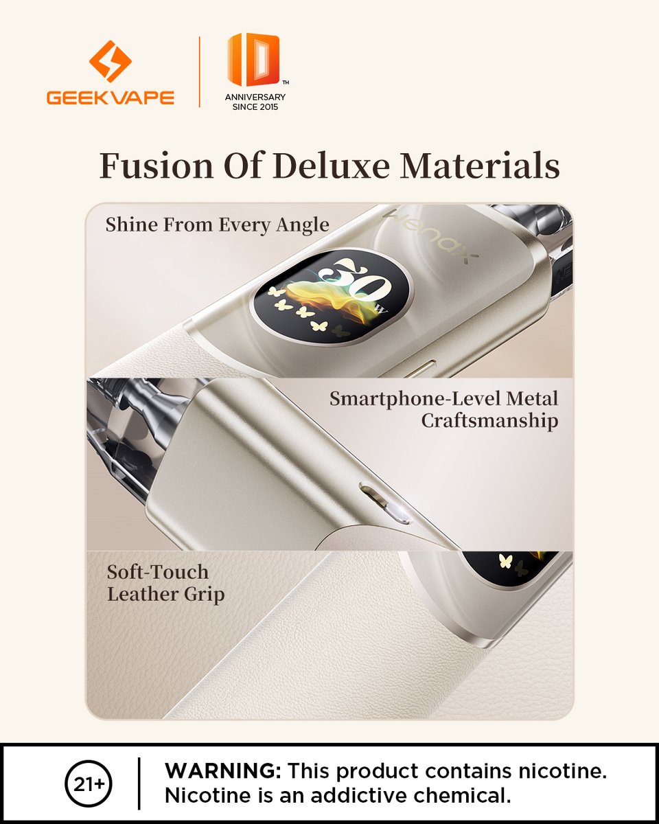 Wenax Q2 fuses metallic elegance ✨ and soft-touch leather 🧵 for a premium grip.
Crafted like a smartphone 📱, styled for your daily vibe 💫
#WenaxQ2 #Geekvape #Geekvape10th #geekvp #VapeDesign #VapeLife #vapecommunity