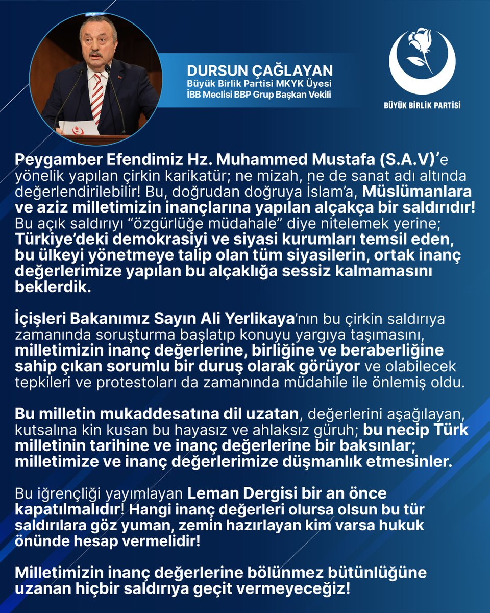 Dursun Çağlayan (@dursuncaglayan_) on Twitter photo Milletimizin inanç değerlerine bölünmez bütünlüğüne uzanan hiçbir saldırıya geçit vermeyeceğiz!
<a href="/Mustafa_Destici/">Mustafa Destici</a>
<a href="/bbpgenelmerkez/">BÜYÜK BİRLİK PARTİSİ</a>
<a href="/bbphabermerkezi/">BBP Haber Merkezi</a>
<a href="/bbpistanbul_/">Büyük Birlik Partisi İstanbul İl Başkanlığı</a>
<a href="/istanbulbld/">İstanbul Büyükşehir Belediyesi</a>
<a href="/AliYerlikaya/">Ali Yerlikaya</a>
#lemandergisi #lemandergisikapatılsın Milletimizin inanç değerlerine bölünmez bütünlüğüne uzanan hiçbir saldırıya geçit vermeyeceğiz!
<a href="/Mustafa_Destici/">Mustafa Destici</a>
<a href="/bbpgenelmerkez/">BÜYÜK BİRLİK PARTİSİ</a>
<a href="/bbphabermerkezi/">BBP Haber Merkezi</a>
<a href="/bbpistanbul_/">Büyük Birlik Partisi İstanbul İl Başkanlığı</a>
<a href="/istanbulbld/">İstanbul Büyükşehir Belediyesi</a>
<a href="/AliYerlikaya/">Ali Yerlikaya</a>
#lemandergisi #lemandergisikapatılsın