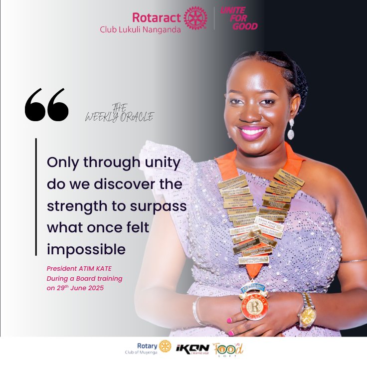Dear Rotaractors;
As we look to the future, let's recommit ourselves to the Rotary ideals of Service Above Self and strive to make a positive impact in our community. Let's Unite for Good.

Wishing us all a great new Rotary yesr

 Best regards,
Atim Kate President