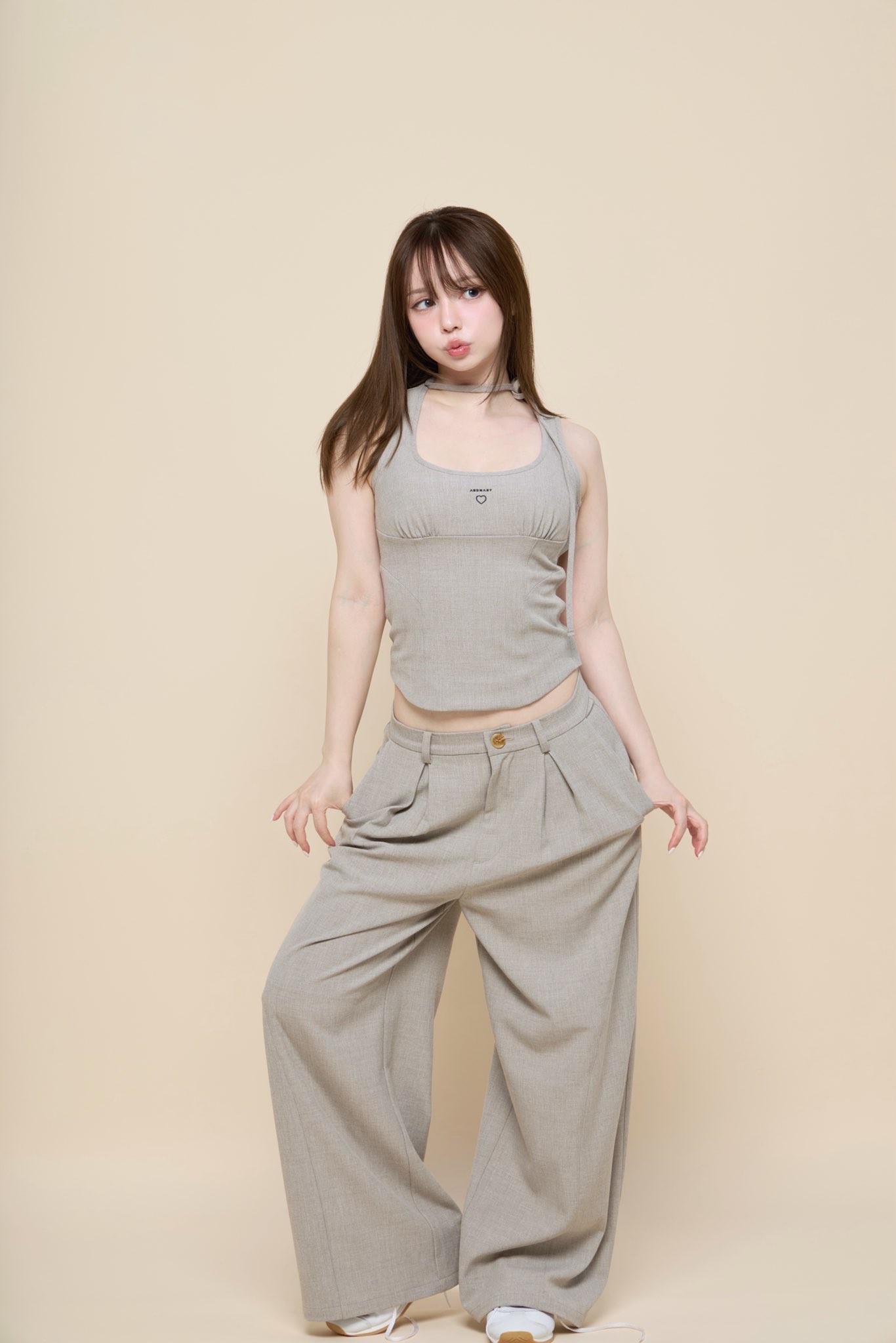 パンツ andmary Highwaist ribbon pants beige S ANDMARY】Highwaist ribbon pants
