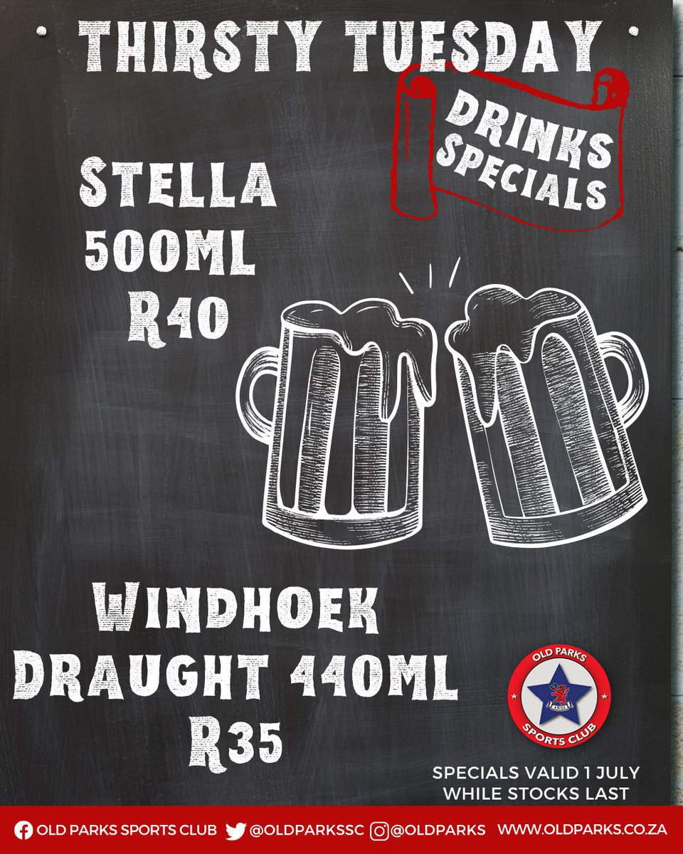Thirsty Tuesday @ Old Parks!
Get a 500ml Stella for only R40 or Windhoek Draught 440ml for only R35.
Specials valid today only, while stocks last.
#tuesdayspecials #beerspecials #thirstytuesday #timetrialtuesday