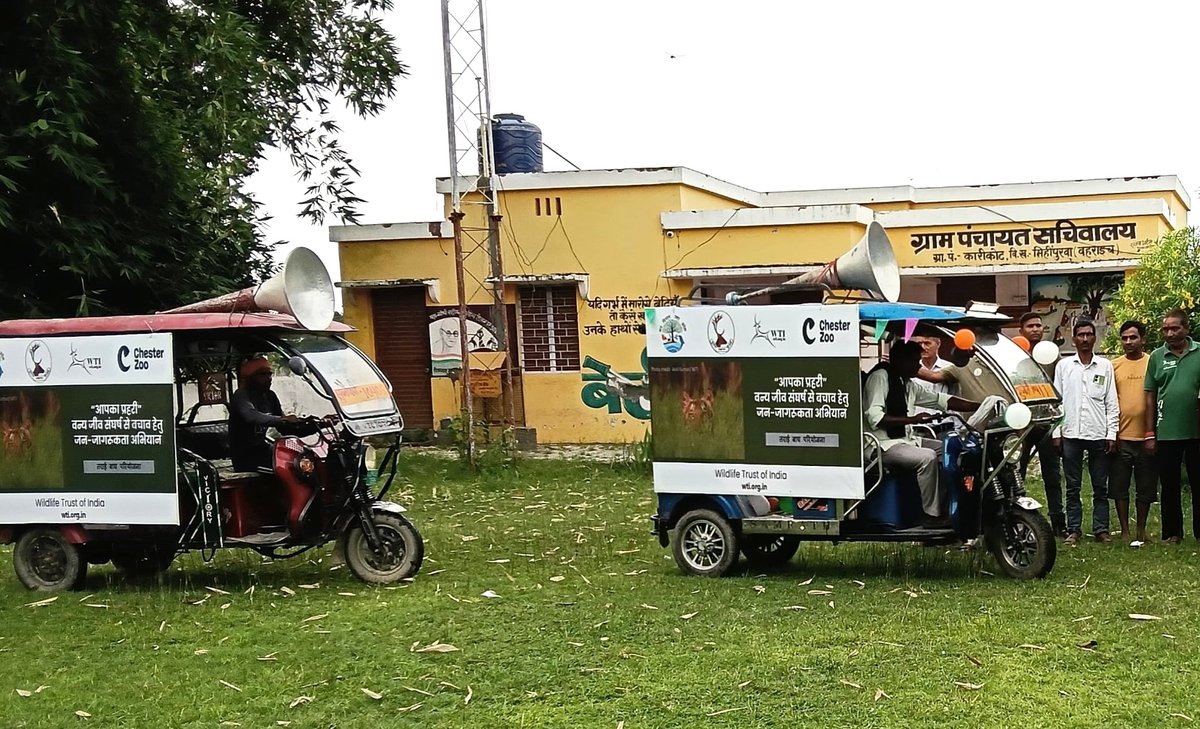 wti_org_india's tweet image. WTI & @UpforestUp kick off #VanMahotsav2025 (July 1–7) with the launch of ‘Aapka Prahari’—a public awareness campaign to reduce human-big cat conflict in Karikot village, Katarniaghat Wildlife Sanctuary.
Two E-ricks will patrol the area and play the Public Service Announcement.