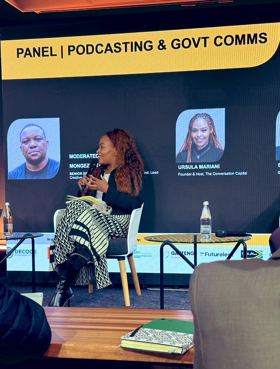 Panel discussion on how government communicators can collaborate with podcasters, moderated by Digital Strategist <a href="/Mongezi/">Mongezi Mtati</a>. 

He’s joined by Ursula Mariani, Founder &amp; Host of The Conversation Capital, and Sithembile Ntombela from <a href="/Brand_SA/">@Brand_SA</a>.

#SocialMediaSummit4Gov