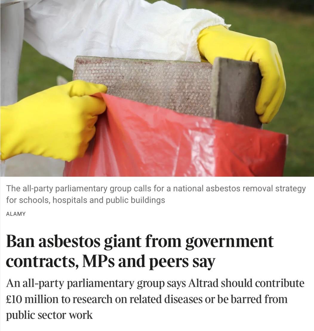 Ian Lavery (@ianlaverymp) on Twitter photo Today the APPG on Occupational Safety & Health launches an important report.
Covered here in <a href="/thetimes/">The Times and The Sunday Times</a>: we call on government to ban <a href="/altrad_services/">Altrad UK, Ireland & Nordics</a> from public contracts until it makes right its inherited asbestos legacy. Today the APPG on Occupational Safety & Health launches an important report.
Covered here in <a href="/thetimes/">The Times and The Sunday Times</a>: we call on government to ban <a href="/altrad_services/">Altrad UK, Ireland & Nordics</a> from public contracts until it makes right its inherited asbestos legacy.