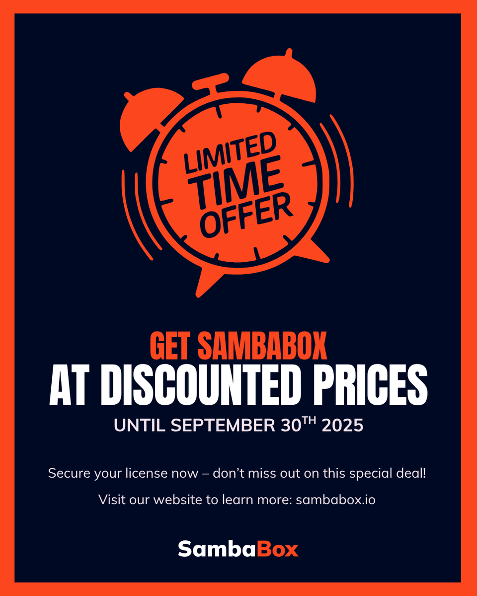 SambaBoxED's tweet photo. 🚨 Limited-Time Offer Alert!

Now’s the perfect time to get started with SambaBox – with discounted pricing available until September 30!

Don’t miss out 👉  https://t.co/Q7dz7YdVTX

#SambaBox #IAM #DirectoryServices #OpenSource #Linux #LimitedTimeOffer #Felisify #ActiveDirectory https://t.co/zNfnyqUUxG