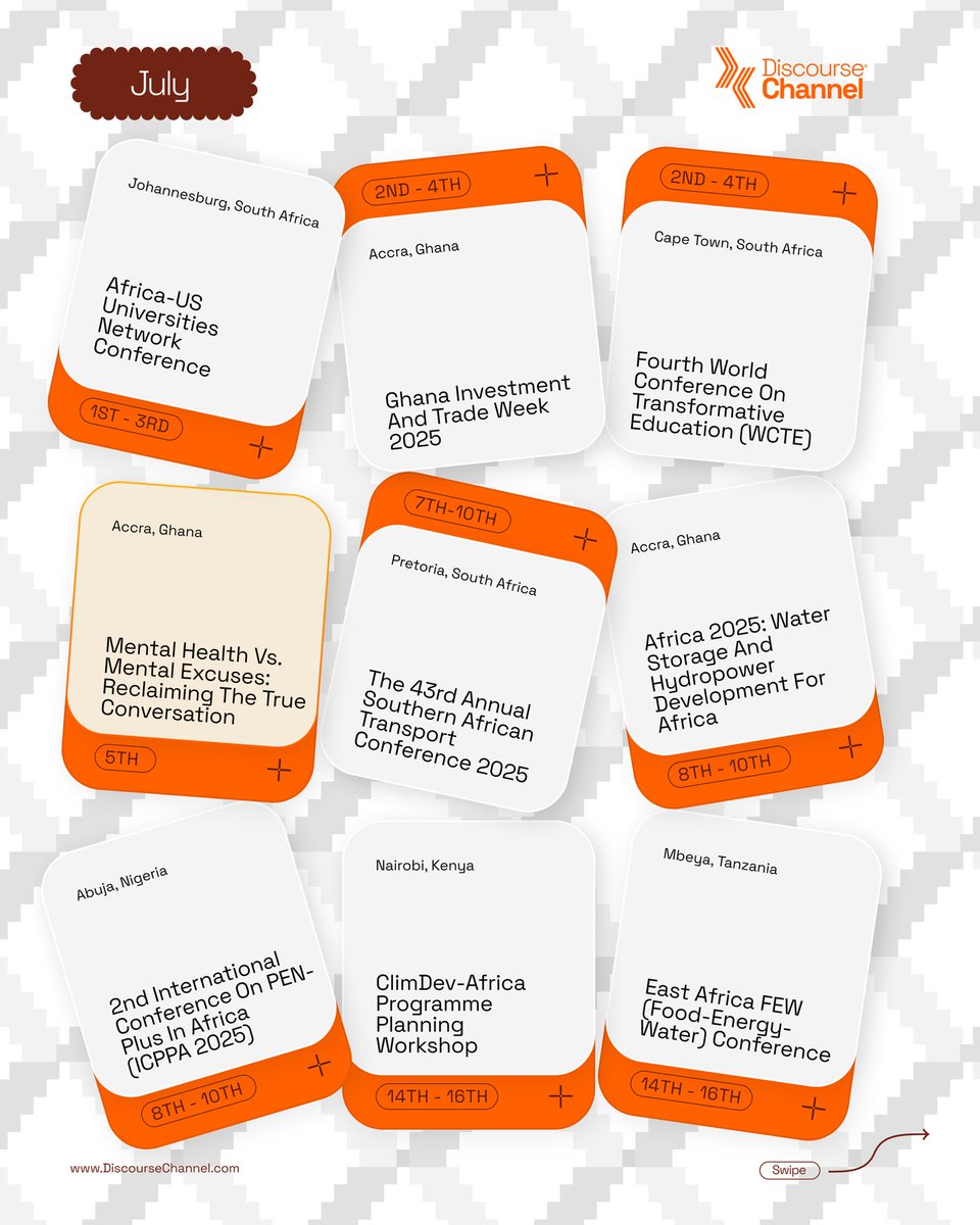 DChannelAfrica's tweet image. Africa is hosting BIG convos this July. 
From tech to trade, energy to education, the continent is ON.
Check out our curated July Conference Calendar and plan your next professional move.
#AfricaConferences #DiscourseChannel #JulyEvents #AfricaRising #KnowledgeIsPower