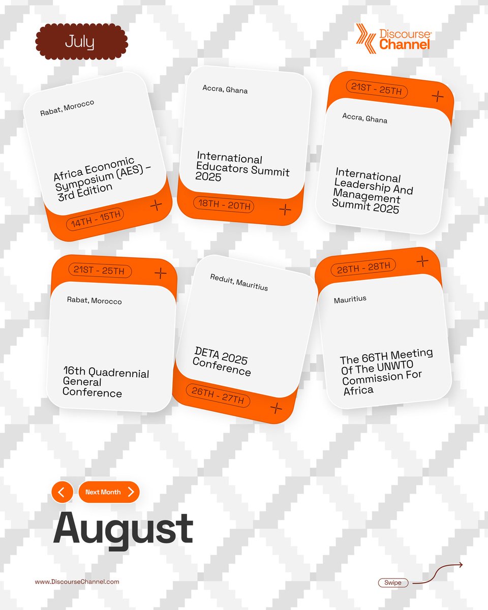 DChannelAfrica's tweet image. Africa is hosting BIG convos this July. 
From tech to trade, energy to education, the continent is ON.
Check out our curated July Conference Calendar and plan your next professional move.
#AfricaConferences #DiscourseChannel #JulyEvents #AfricaRising #KnowledgeIsPower