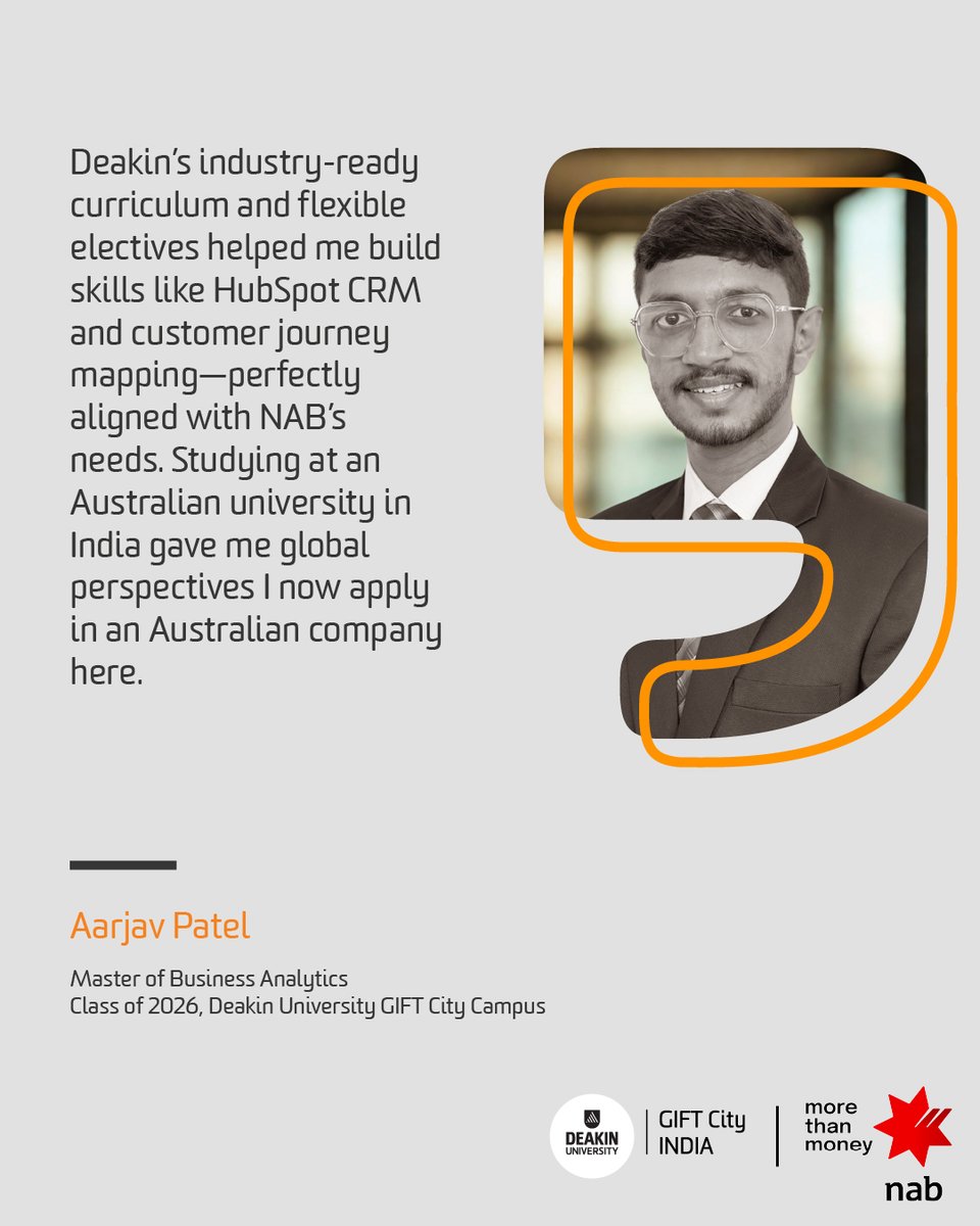 DeakinGiftCity (@deakingiftcity) on Twitter photo Congratulations to Aarjav Patel on securing an internship + placement offer with NAB Innovation Centre India as part of Deakin GIFT City’s first-ever placement cycle! 
#DeakinUniversity #BusinessAnalytics #admissionsopen Congratulations to Aarjav Patel on securing an internship + placement offer with NAB Innovation Centre India as part of Deakin GIFT City’s first-ever placement cycle! 
#DeakinUniversity #BusinessAnalytics #admissionsopen