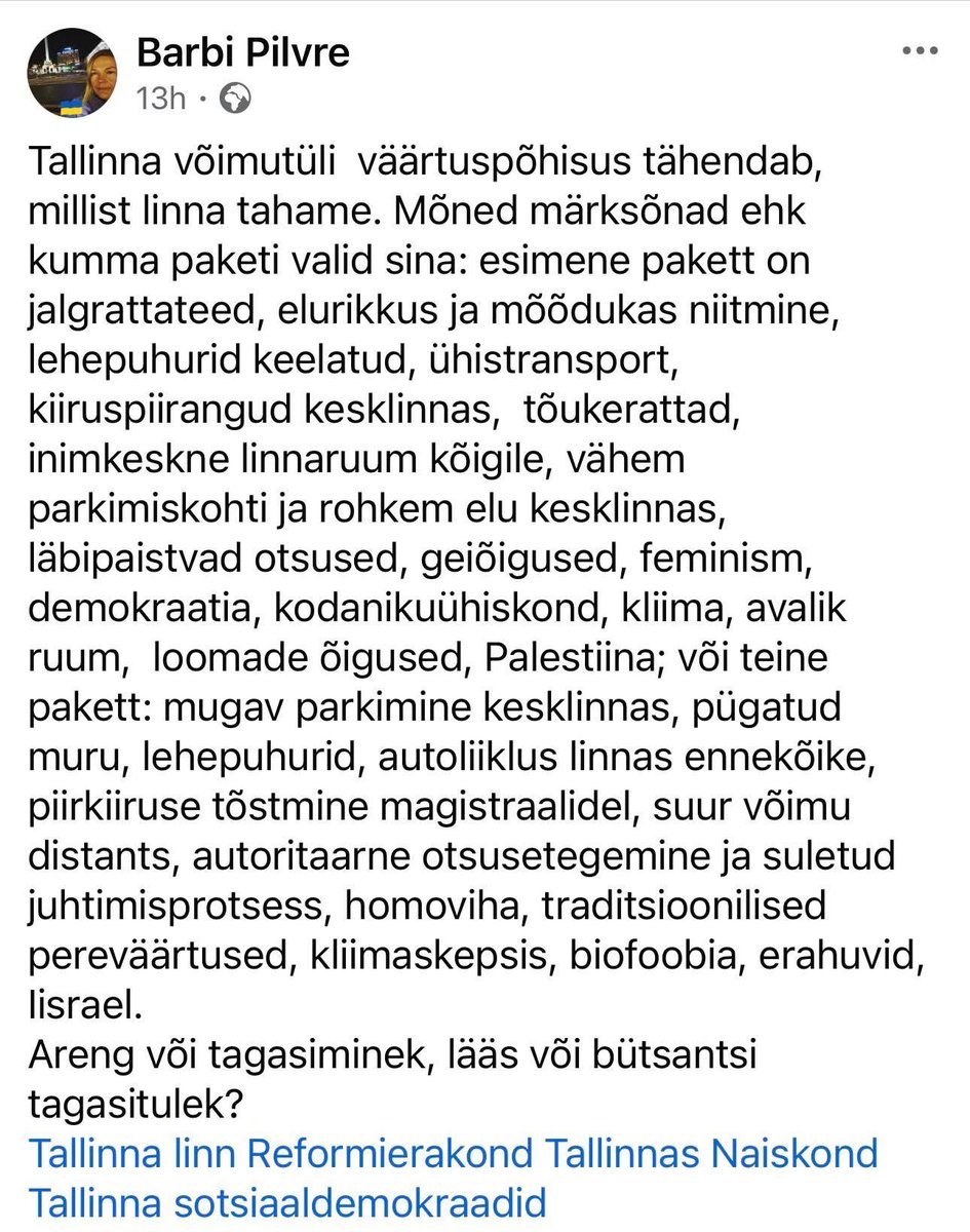 Me elame selliste toredate inimestega üheskoos siin Eestis. 

Ma ei tea, kuidas Tallinna linna juhtimisse puutub Palestiina või Iisrael, kuid rääkides demokraatiast, mida Barbike teeb, siis sealse piirkonna ainus demokraatia ongi Iisrael. 

Aga ega’s see sotsi sega🙃