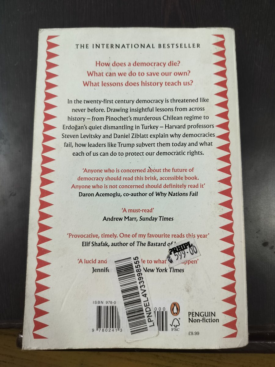AnkitaSharma_26's tweet photo. "How Democracies Die"
In this important study, two eminent #Harvard professors describe how a healthy #democracy dies out, leaving anarchy and authoritarian rule behind. They analyze a pattern across various nations.
#howdemocraciesdie #politics #history #democracyday #books https://t.co/sWnaVJ71Bm