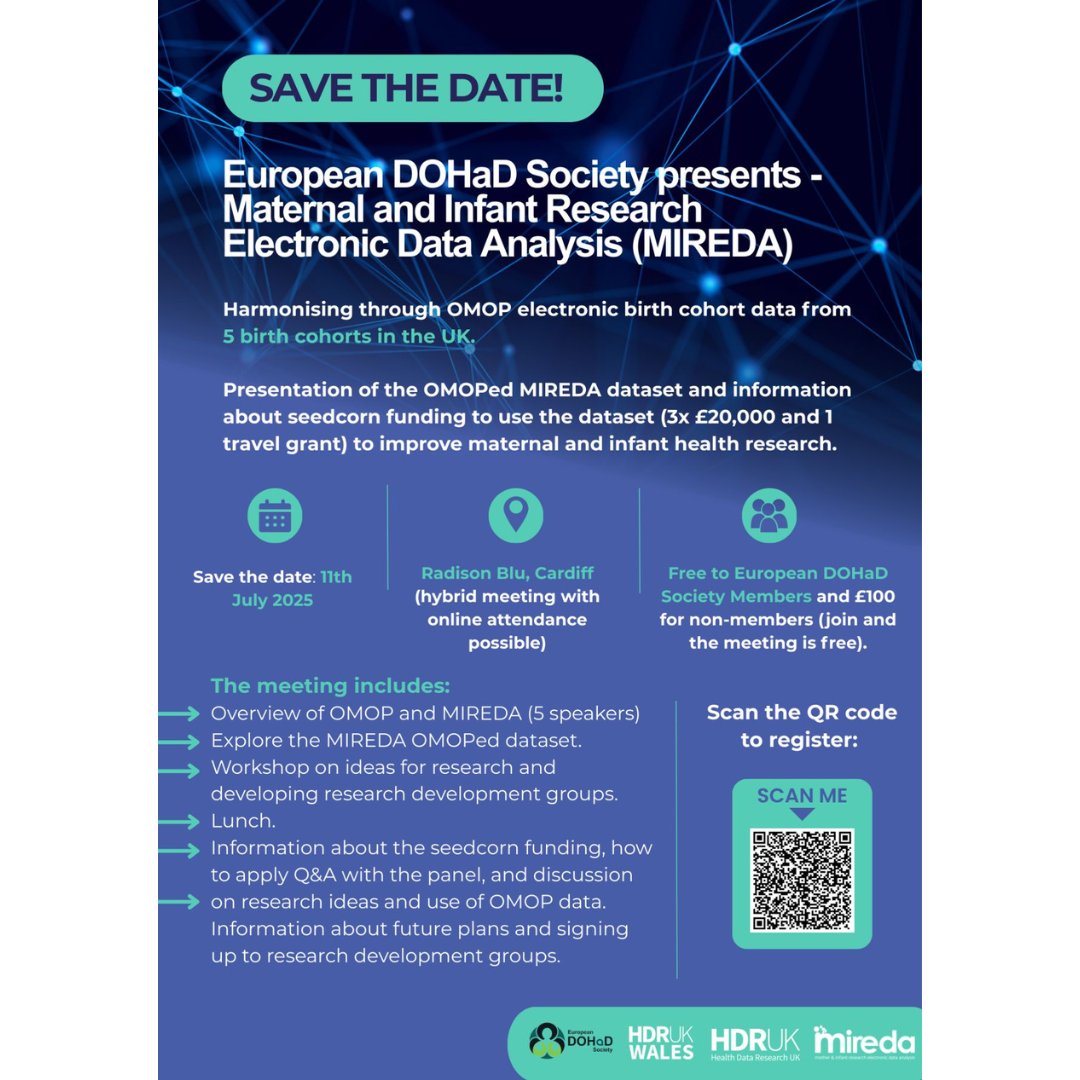 DOHaD_Society's tweet image. 🚨Reminder: 10 days to go! Book your FREE spot at MIREDA – a hybrid event in Cardiff focused on advancing maternal and infant health research.
🗓 11 July 2025
🔗bit.ly/4eildjH
@HDR_UK @hdrukwales #MaternalHealth #InfantHealth