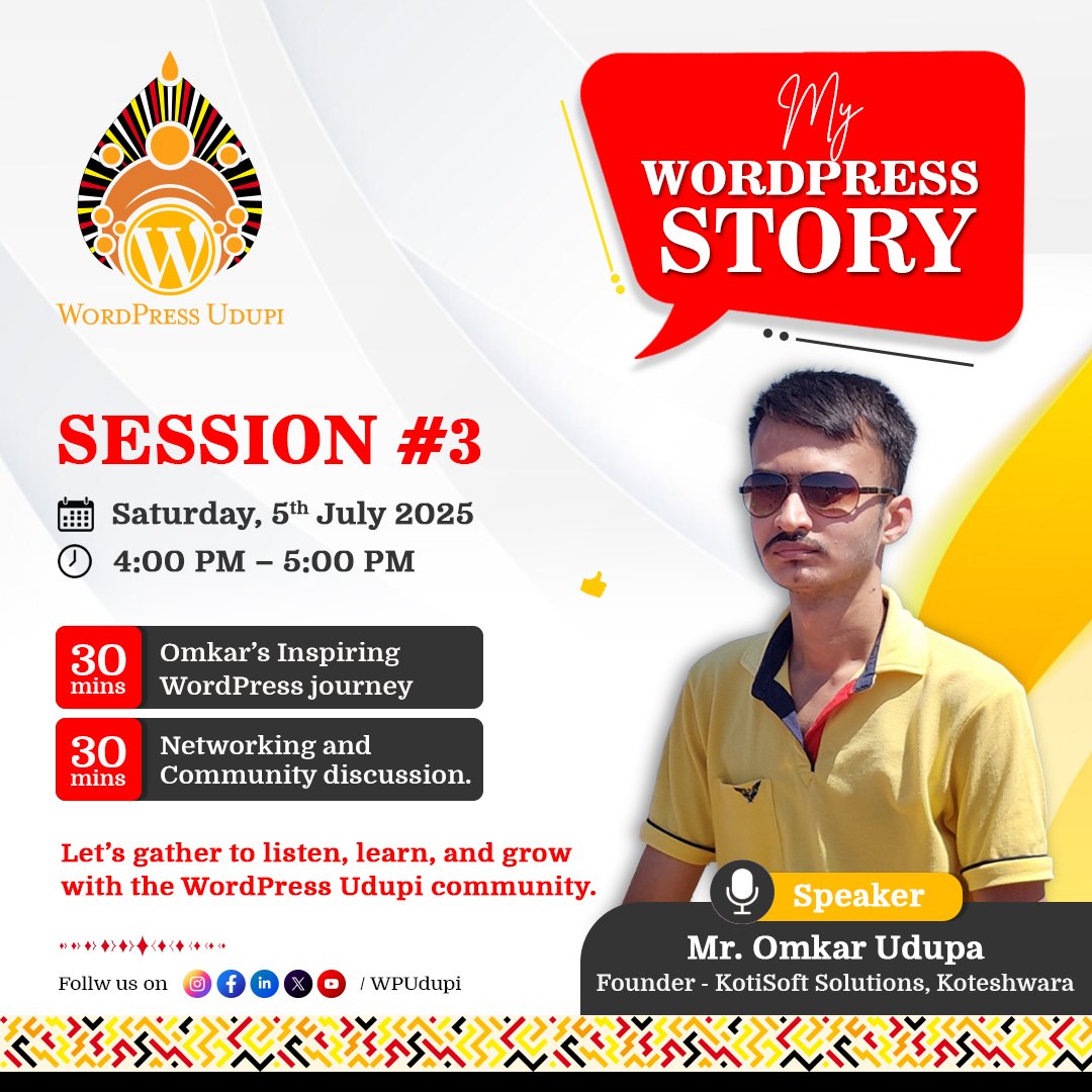 🚀 MY WORDPRESS STORY - SESSION #3 is here!

Join us for an inspiring evening with Mr. Omkar Udupa - Founder, <a href="/KotisoftSol/">Kotisoft Solutions Private Limited</a>, as he shares his incredible WordPress journey.

RSVP here: 
meetup.com/wpudupi/events…

#MyWordPressStory #WPUdupi #WordPress #Udupi