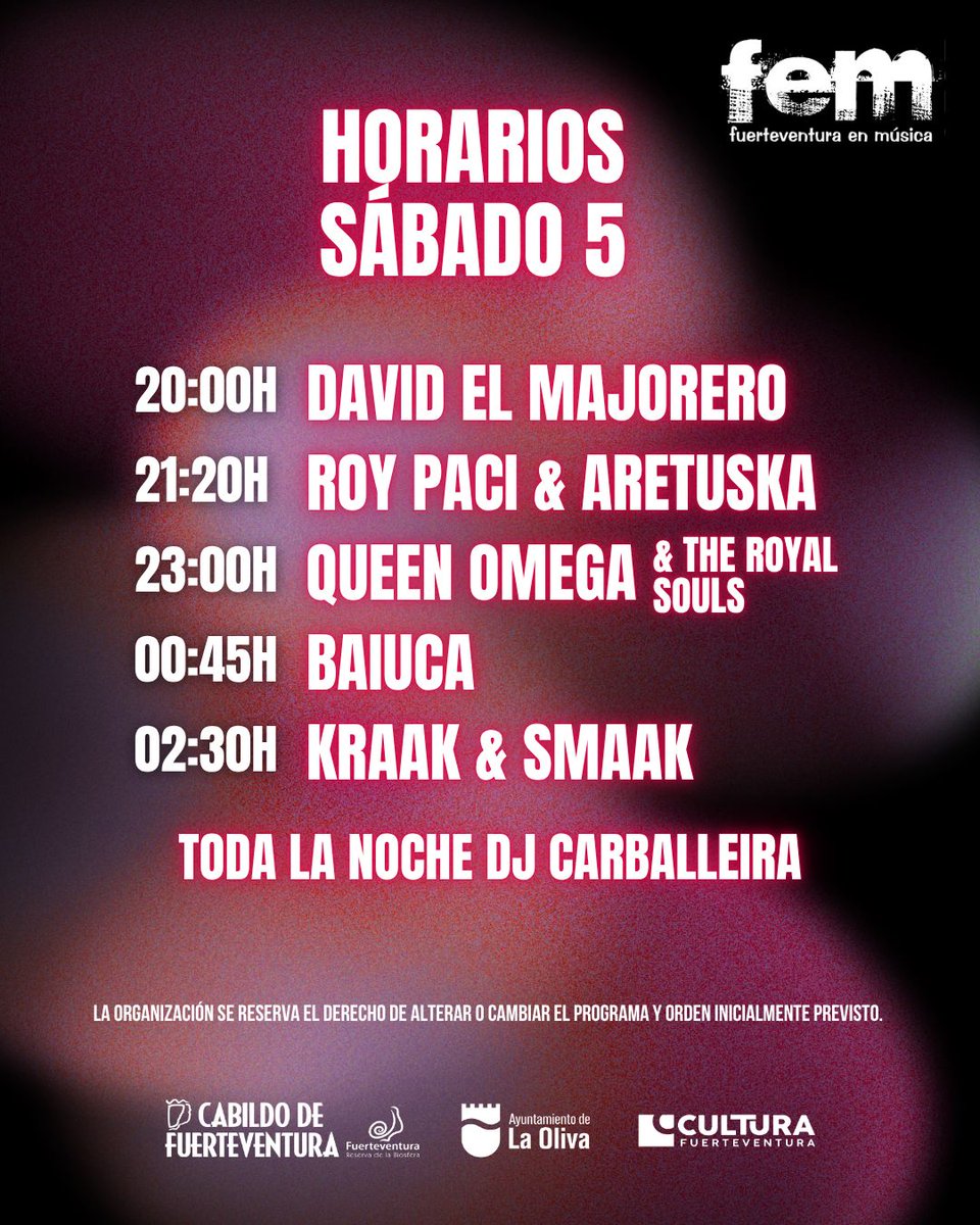 🔎 ¡Ya están aquí los HORARIOS del #FEM2025! ⏳

Quedan 3 días para tocar la arena de la playa de la Concha un año más y disfrutar de esta 19ª edición.
.
.
.
🔗 cabildofuer.es/cabildo/ya-pue…