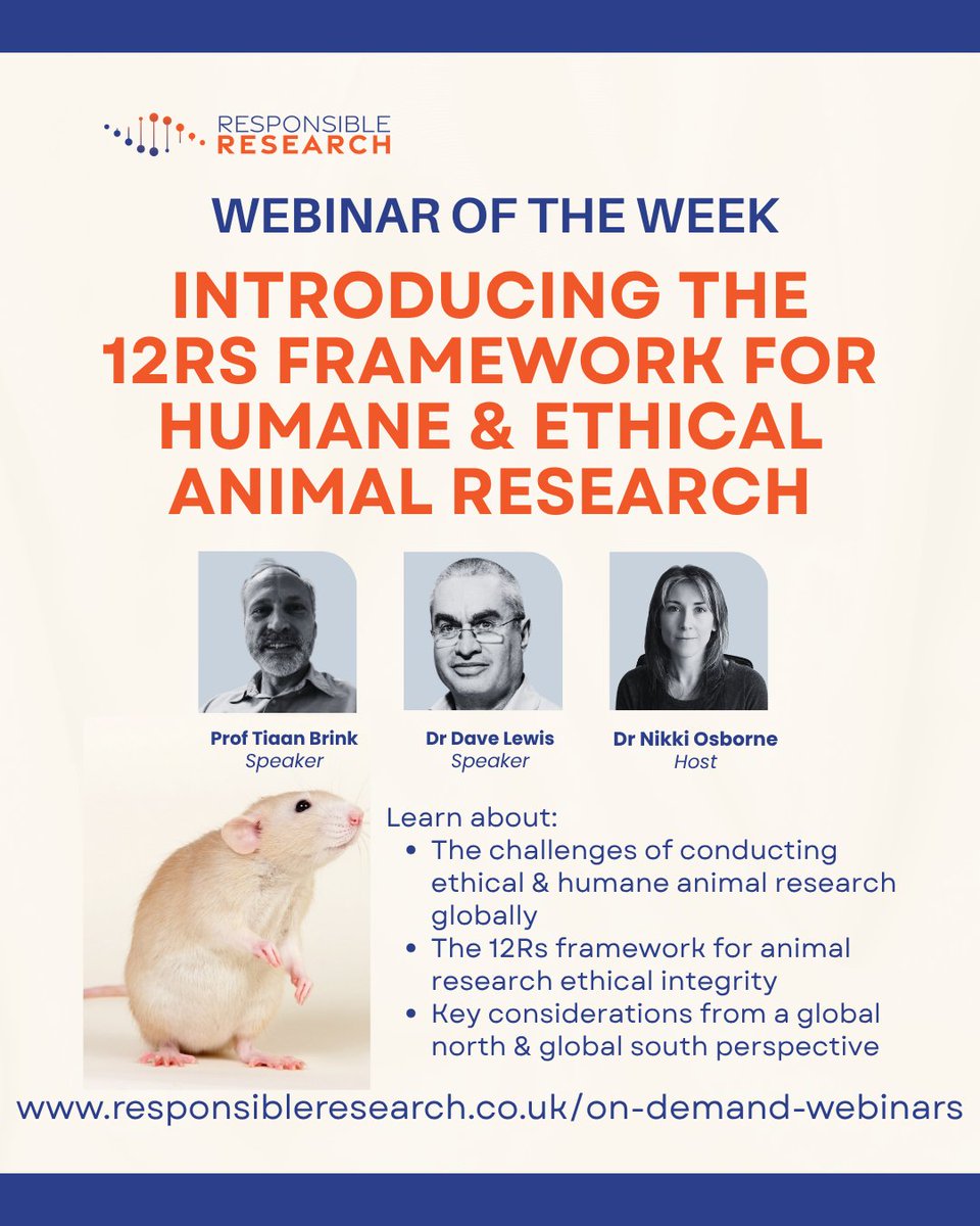 🔹 Webinar of the Week 🔹
Explore the 12Rs Framework for Humane &amp; Ethical Animal Research with global perspectives and real world insights from Prof. Tiaan Brink, Dr. Dave Lewis &amp; Dr. Nikki Osborne.
Watch on demand: attendee.gotowebinar.com/register/48487…
#12Rs #AnimalResearch #Ethics