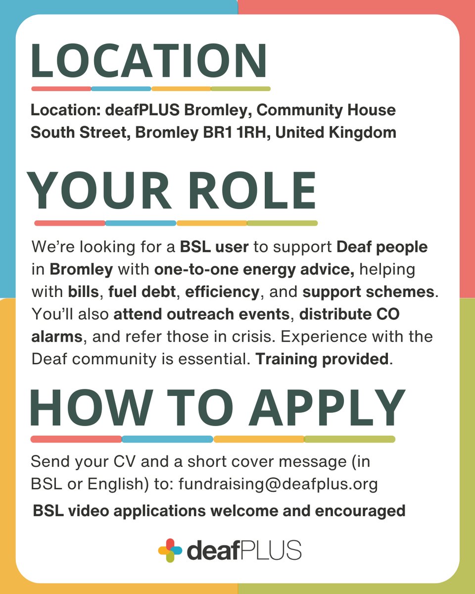 deafPLUS_UK (@deafplus_uk) on Twitter photo We’re hiring! 💼 Join deafPLUS as an Energy Support Specialist in Bromley. Help Deaf people with energy advice & support. £14.50/hr, 15 hrs/week. BSL users encouraged to apply! Deadline: 9 July. Email CV to fundraising@deafplus.org We’re hiring! 💼 Join deafPLUS as an Energy Support Specialist in Bromley. Help Deaf people with energy advice & support. £14.50/hr, 15 hrs/week. BSL users encouraged to apply! Deadline: 9 July. Email CV to fundraising@deafplus.org