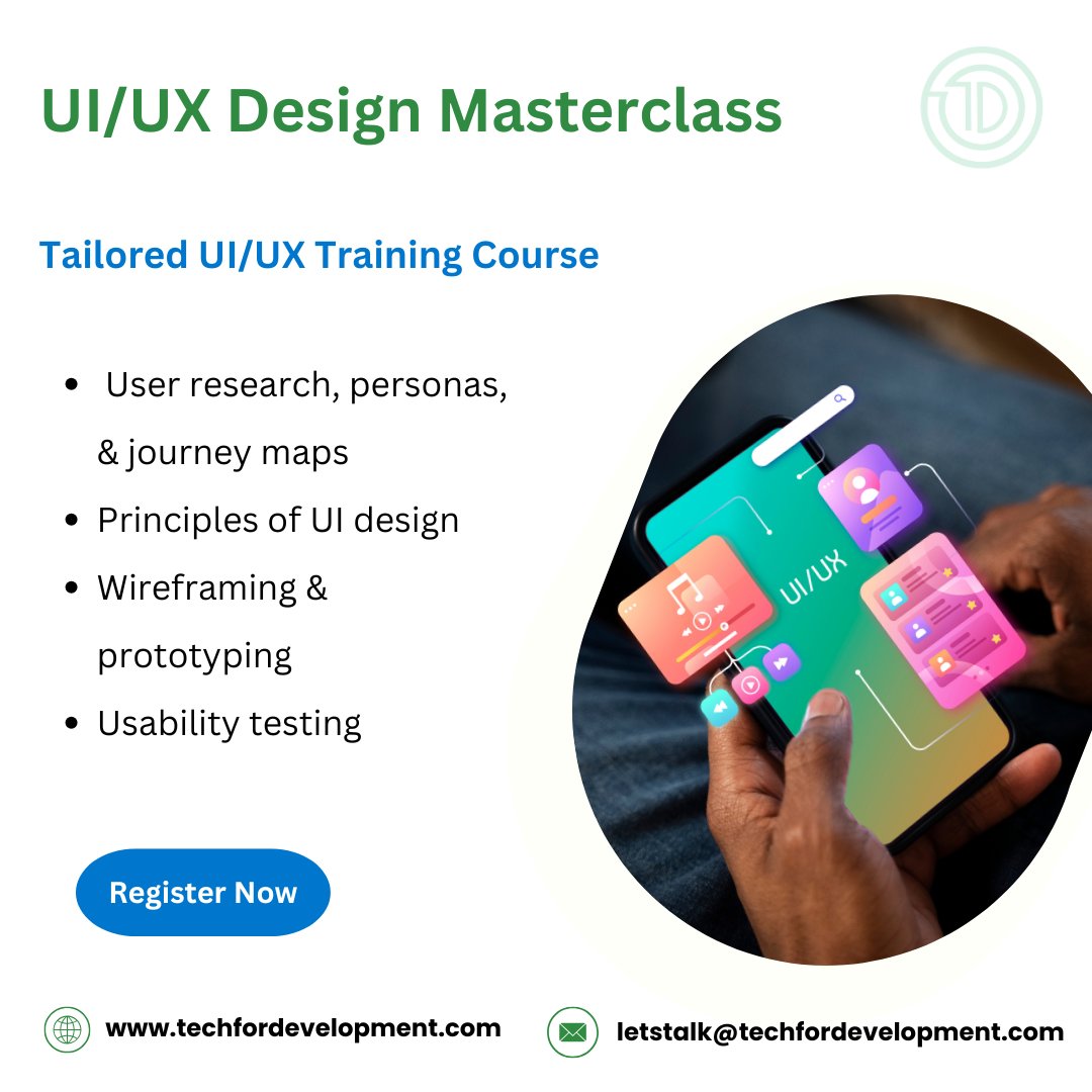 TechForDevelop1's tweet image. Transform Ideas into Seamless Digital Solutions
Join our UI/UX Design Training Course and learn to develop intuitive, user-centric web & mobile apps.
Register Now👉 tinyurl.com/bdhc4fuk
#SabaSaba2025 #StopAbductionsKe2025 #UIUXDesign #UXDesign