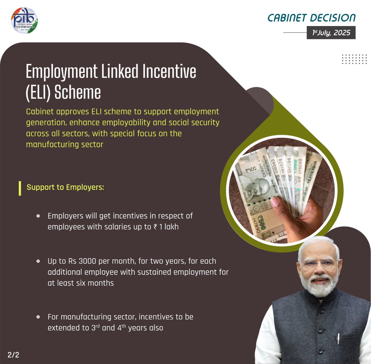 #Cabinet approves Employment Linked Incentive scheme to support employment generation, enhance employability and social security across all sectors, with special focus on the manufacturing sector

#CabinetDecisions