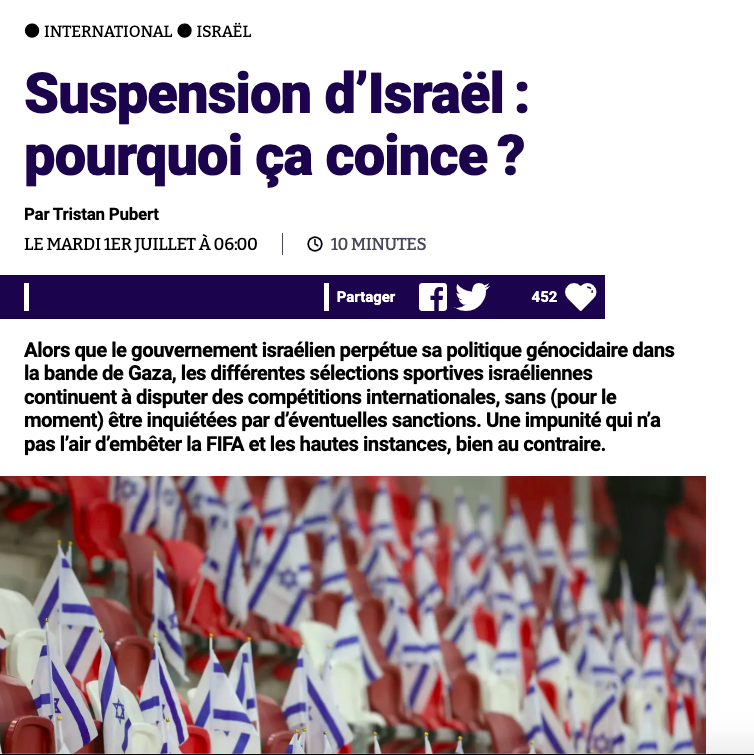 tristan_pbt's tweet photo. 📝Alors que le Gouvernement israélien perpétue ses actes génocidaires dans la bande de Gaza, la FIFA n’a toujours pris aucune sanction à l’encontre de la Fédération israélienne de football. 

Une injustice qui contribue à l’impunité d’Israël.
⬇️
https://t.co/70C5lVSou1 https://t.co/RJ7flhYOzq