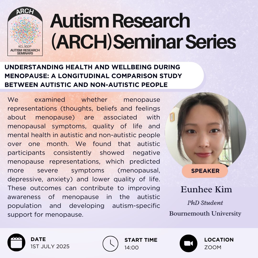 Re:Spect Lab (@respectlabkcl) on Twitter photo 🚨 TODAY! 🚨
Eunhee Kim, a PhD student from Bournemouth University, is presenting her research on health and wellbeing in menopause in autistic and non-autistic people. This is our last talk of the year: we hope to see you there!
Tickets can be found at: eventbrite.co.uk/e/arch-seminar… 🚨 TODAY! 🚨
Eunhee Kim, a PhD student from Bournemouth University, is presenting her research on health and wellbeing in menopause in autistic and non-autistic people. This is our last talk of the year: we hope to see you there!
Tickets can be found at: eventbrite.co.uk/e/arch-seminar…
