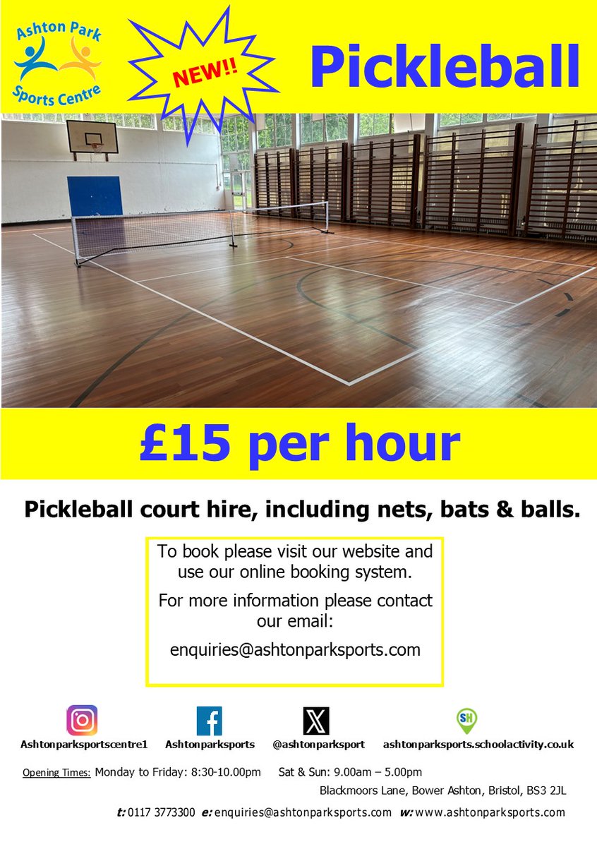 We are pleased to announce we now offer pickleball in the school gym!

ONLY £15per hour for the court and all the equipment!!

Bookings are made via: schoolhire.co.uk/bristol/ashton…