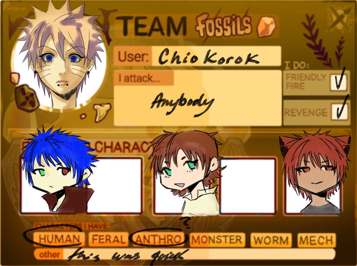 chiokorok's tweet image. My bad y’all I thought I had one more day, fixed this shit up really quick so don’t mind the badly drawn chibi’s.
If you want to attack me here’s the url( artfight.net/~chiokorok ) I most likely will revenge back :) #artfight #art #oc #artfight2025 #teamfossil #TEAMFOSSILS