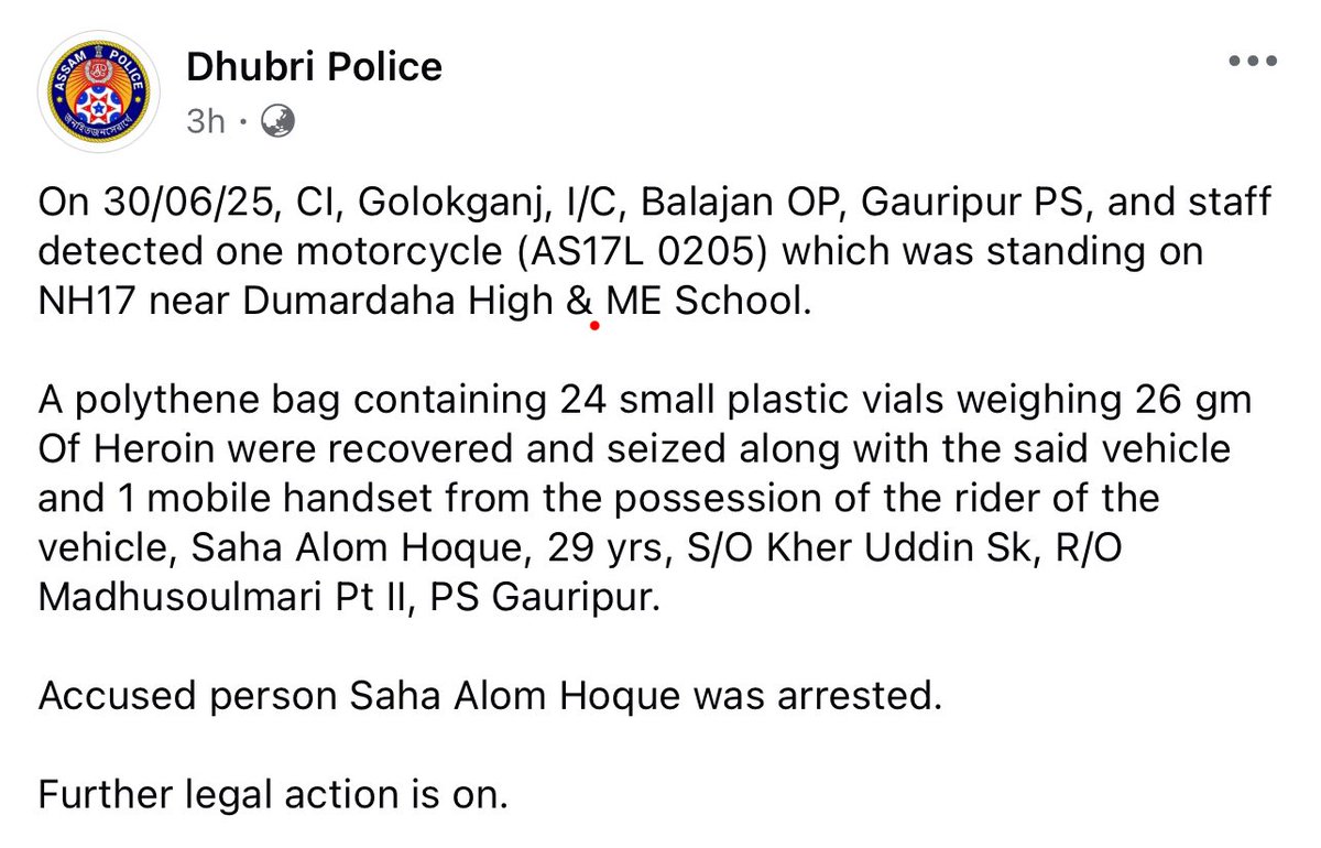 Dhubri Police (@dhubri_police) on Twitter photo Hunt for local Pablo Escobars is on!
Swipe ➡️ for details.
#জনহিতজনসেৱাৰ্থে
#CommittedToServeAndProtect
#AssamAgainstDrugs
#SayNoToDrugs
#WarOnDrugs
<a href="/CMOfficeAssam/">Chief Minister Assam</a> <a href="/himantabiswa/">Himanta Biswa Sarma</a> <a href="/DGPAssamPolice/">DGP Assam</a> <a href="/HardiSpeaks/">Hardi Singh</a> <a href="/assampolice/">Assam Police</a> Hunt for local Pablo Escobars is on!
Swipe ➡️ for details.
#জনহিতজনসেৱাৰ্থে
#CommittedToServeAndProtect
#AssamAgainstDrugs
#SayNoToDrugs
#WarOnDrugs
<a href="/CMOfficeAssam/">Chief Minister Assam</a> <a href="/himantabiswa/">Himanta Biswa Sarma</a> <a href="/DGPAssamPolice/">DGP Assam</a> <a href="/HardiSpeaks/">Hardi Singh</a> <a href="/assampolice/">Assam Police</a>