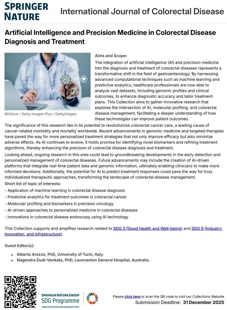 AI is changing our world. Want to read/share with the #colorectal field the latest intersections of this tech with the community? Then this  thematic collection from the International Journal of Colorectal Disease is for you!

Submit via this link: shorturl.at/HFyu5