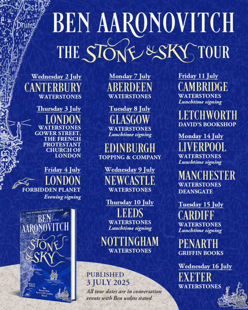 orionbooks's tweet photo. It's publication week for STONE &amp; SKY, the new #RiversOfLondon novel from @Ben_Aaronovitch!

Officially out this Thursday, and Ben is heading out on the road to celebrate - including a huge launch day event with Kobna Holdbrook-Smith.

📘🎟️➡️ https://t.co/w12u46Poy2 https://t.co/fZk5PcyDIP