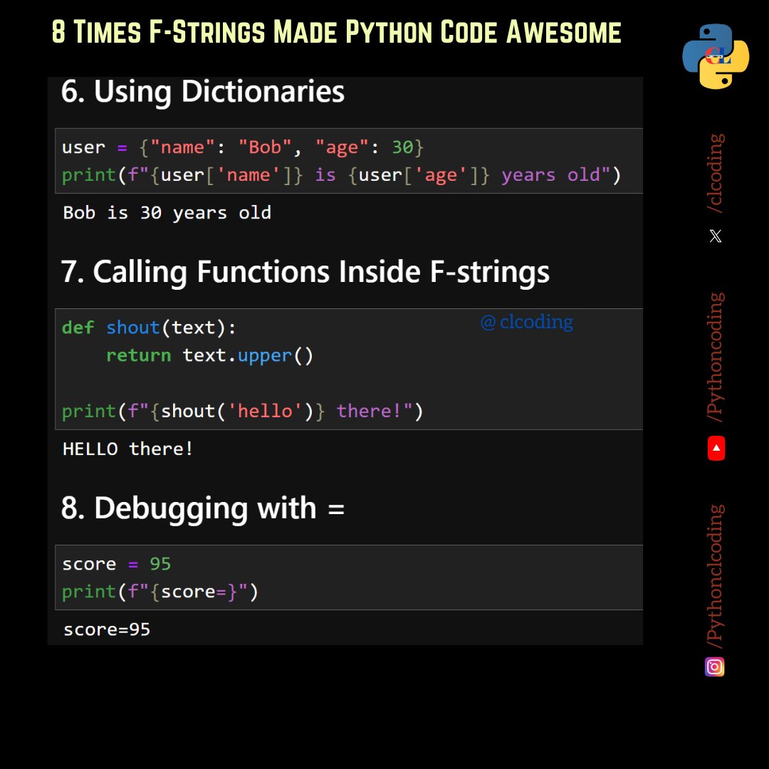 clcoding's tweet photo. 8 Times F-Strings Made Python Code Awesome https://t.co/256PrQqMs2