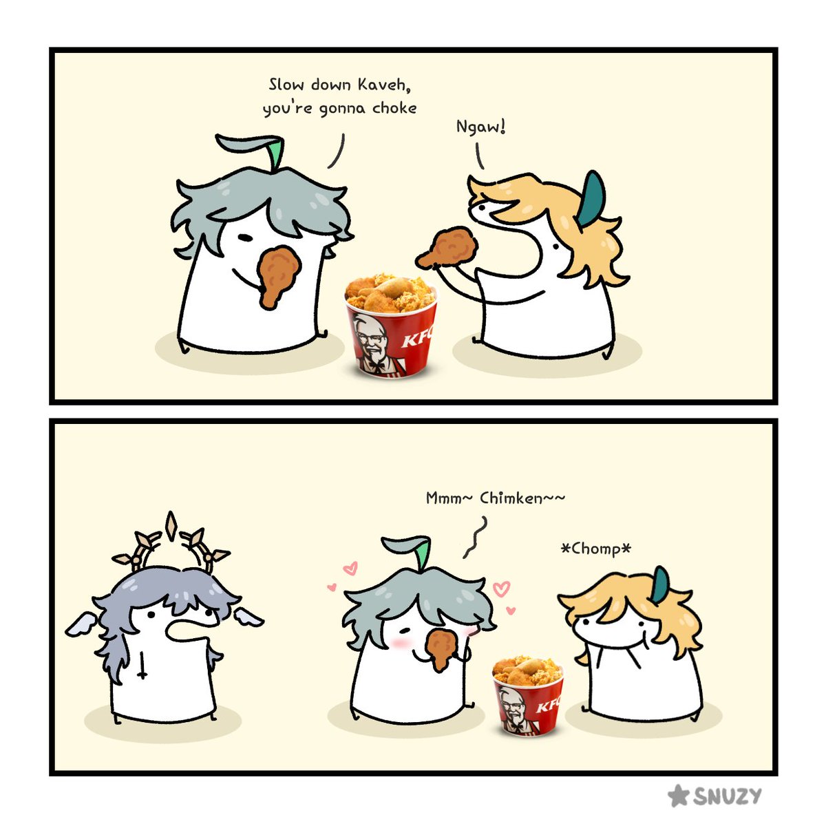SnuzTangerine's tweet image. Haikaveh KFC Collab 
#haikaveh #Alhaitham #Kaveh #SundayHSR